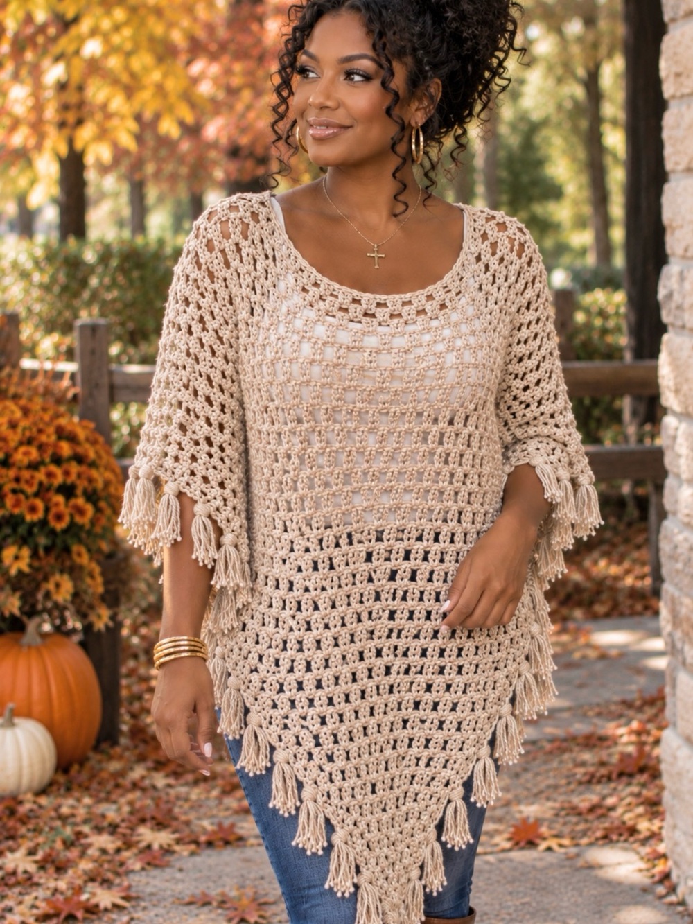 Boho Handmade Crochet Tassel Poncho Sweater Onesize - Cream